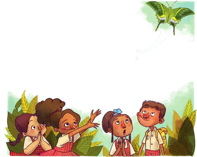 School children in red plaid uniforms look up in wonder at a beautiful green swallowtail butterfly flying above them among tropical leaves.