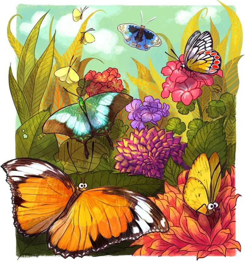 A vibrant garden scene with colorful butterflies including orange, blue, and yellow varieties visiting pink, purple, and red flowers among green leaves.
