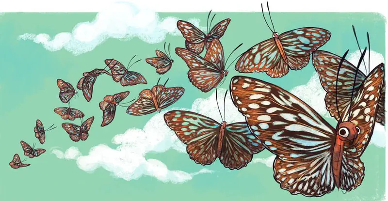 A swarm of brown and white spotted butterflies flies through a turquoise sky with white clouds, appearing to migrate together.