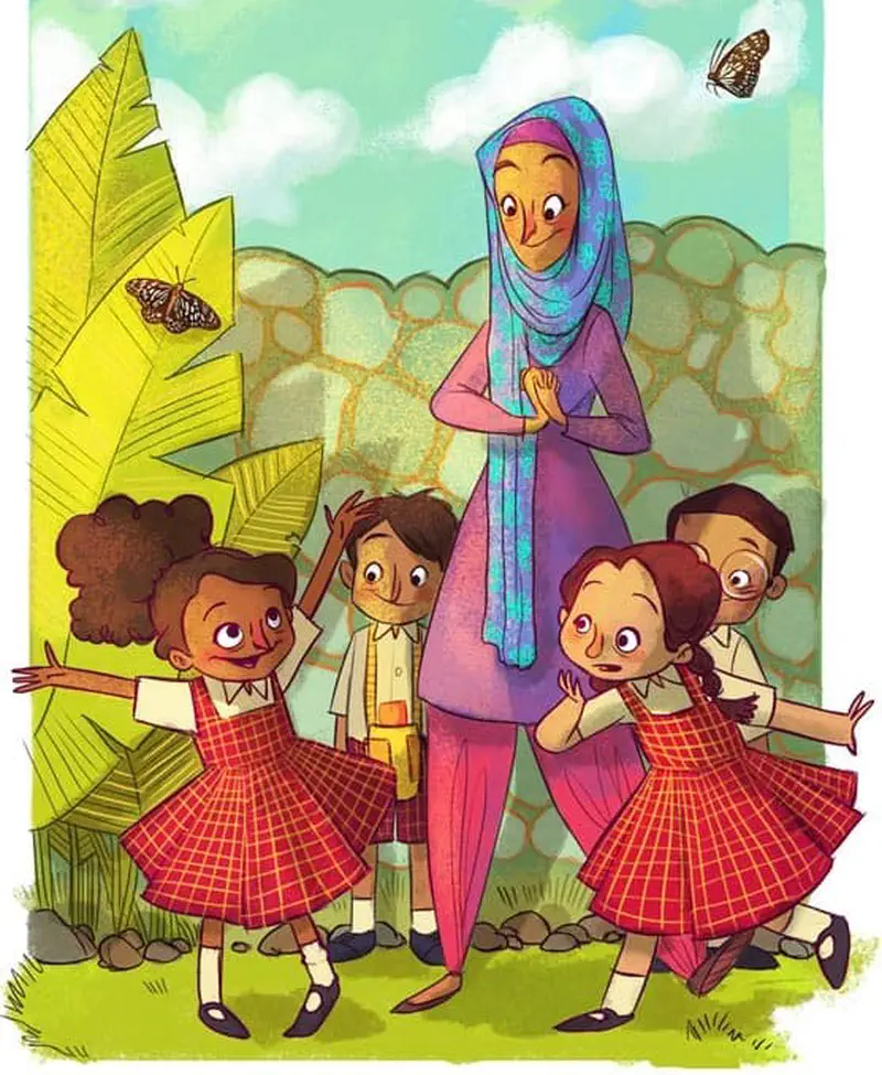A teacher in purple hijab stands with four school children in red plaid uniforms near a stone wall, spotting butterflies on tropical leaves.