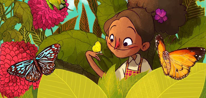 A girl with curly hair and a purple flower watches butterflies among lush green leaves and red flowers, with a yellow butterfly on her hand.