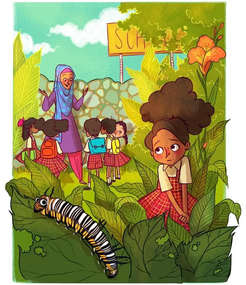 A sad girl stands alone watching a striped caterpillar while her classmates and teacher walk away toward a school sign in the background.