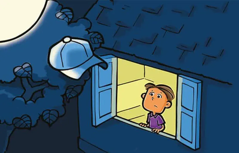 A boy looks worried at an open window at night, watching his blue cap fly away toward the smiling moon in a starry sky.
