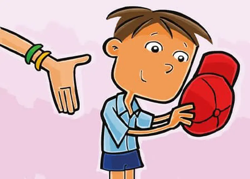 A boy in school uniform holds out a red cap while an adult hand reaches toward him on a pink background.