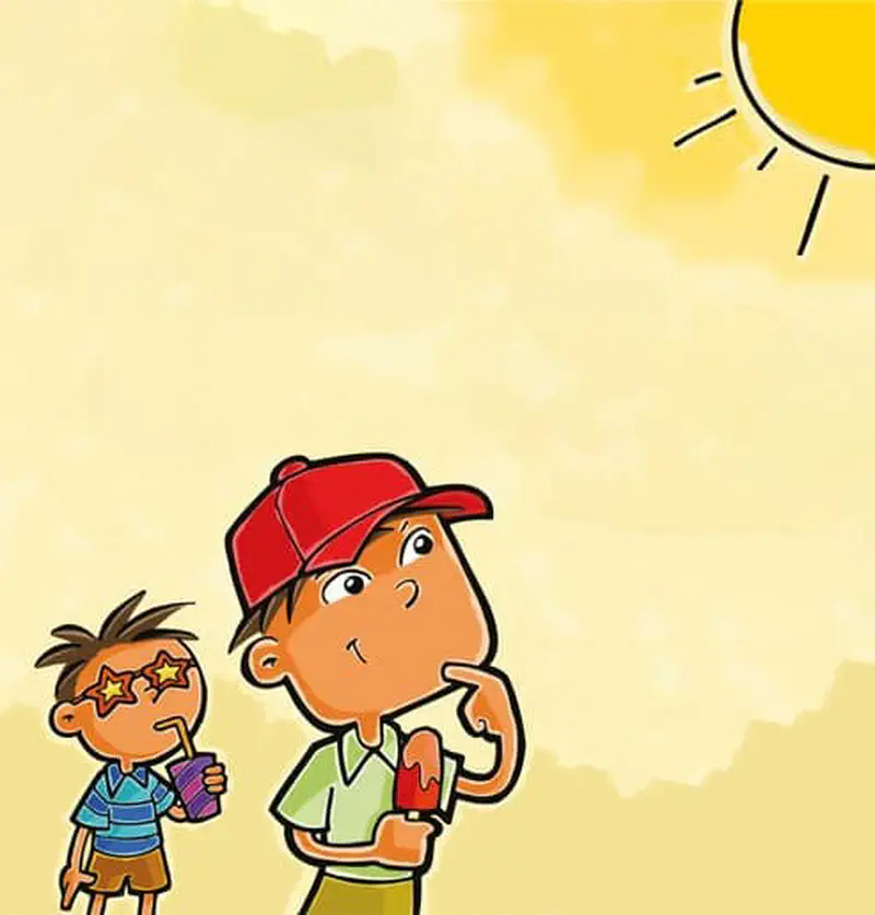 A boy wearing a red cap holds a popsicle on a sunny day while a smaller boy with star sunglasses stands beside him.