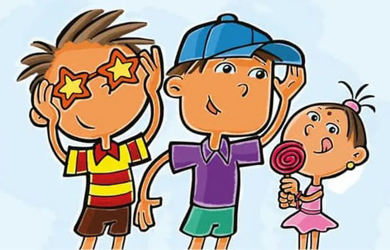 Three children stand together - a boy with star sunglasses, a boy wearing a blue cap, and a girl holding a lollipop.