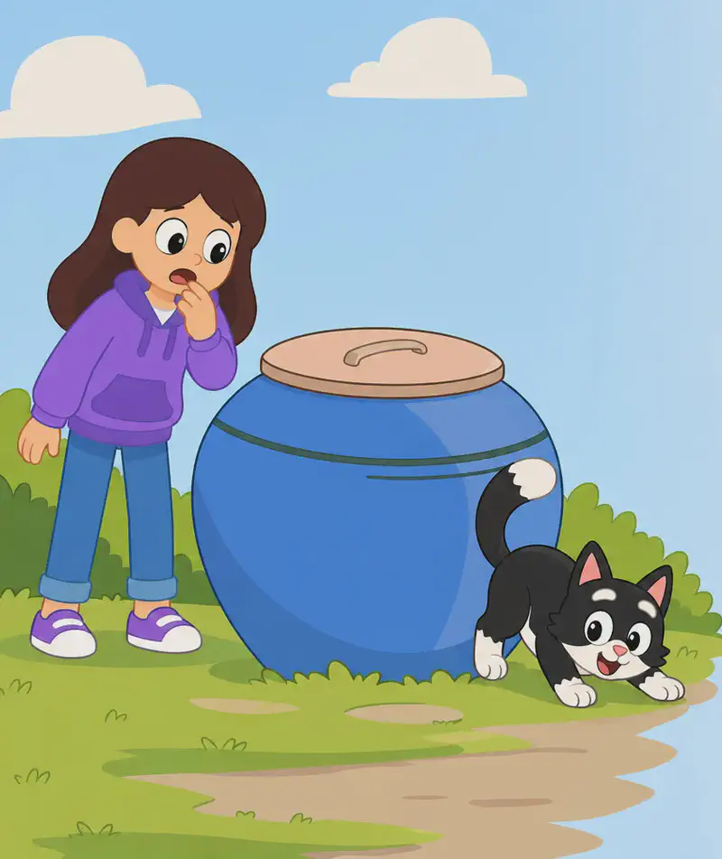 On the left side of the image, Girl stands beside a large blue pot with a lid, holding one hand to her chin with a worried, panicked expression as she looks around frantically searching for her cat. Kit is crouched low on the right side of the pot, sneaking around its base with a mischievous posture — Girl hasn't noticed her yet. The scene is set outdoors on a grassy yard with soft clouds in the sky, and the right ~40% of the image is plain light background.
