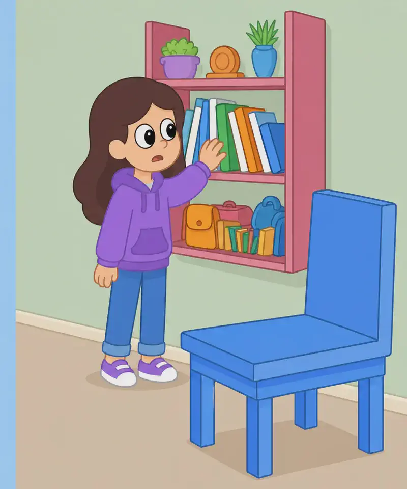 On the right side of the image, Girl stands beside a bookshelf mounted on a green bedroom wall, reaching up with one hand to search through the colorful books on the shelf, her expression worried and concerned. A blue chair sits in the center-right area. The scene is set indoors in a cozy bedroom with soft lighting.  Kit is not here in this room at all.