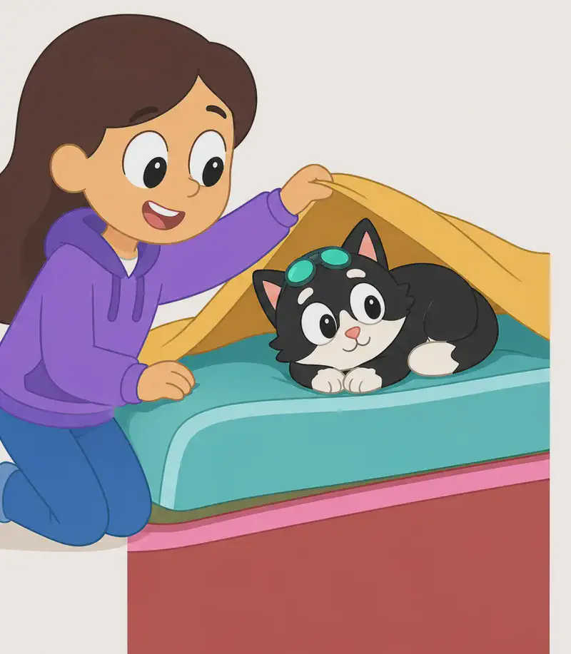 On the left side of the image, Girl kneels beside her bed with a wide, joyful smile, lifting up the edge of a golden-yellow blanket to reveal Kit lying curled up underneath, looking content with a gentle smile. Kit is lounging comfortably on the teal bedsheet, paws tucked in front, with a pair of green sunglasses resting on top of her head. Girl's expression is one of relief and happiness at finally finding her cat. The bed has colorful layered bedding in teal, pink, and warm red tones. The right side of the image is plain white background.