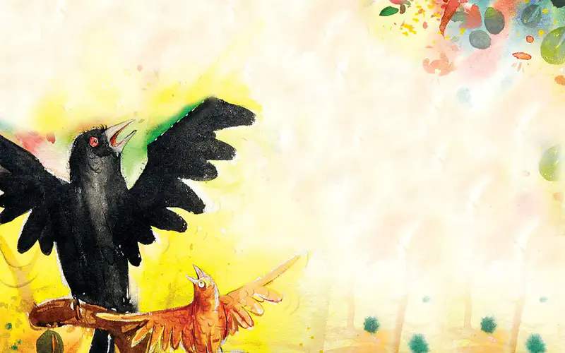 A black cuckoo spreads its wings joyfully on a branch while singing, with a smaller orange bird nearby and colorful spring trees.