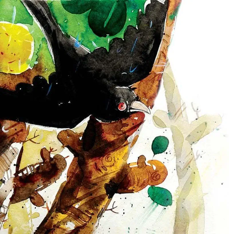 A black cuckoo perches in a tree looking down at brown monkeys playing below, surrounded by green leaves and fruit.