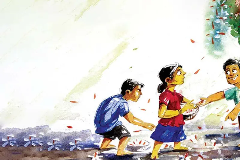 Three children in colorful clothes work in a field picking flowers while red petals drift through the air on a breezy day.
