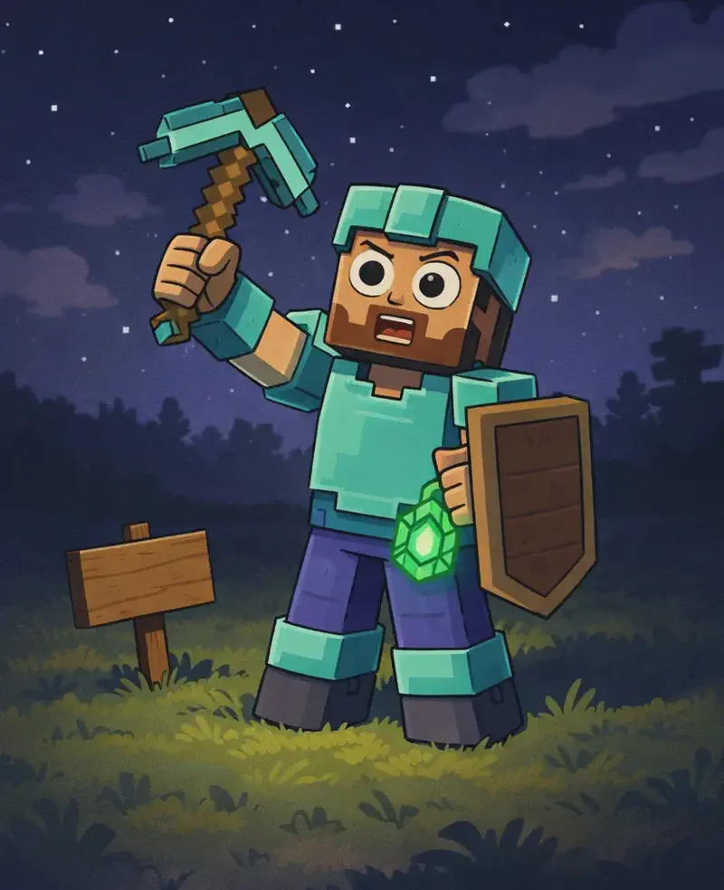 Steve, a blocky Minecraft-style figure with a square head, tan/light-brown skin, short dark-brown hair, a full dark-brown beard, and large round white eyes with black pupils, stands on the right side of the image on a grassy surface at nighttime, wearing cyan diamond armor with a matching helmet, chest plate, and leggings over his canonical teal/cyan shirt and deep purple-blue pants, with dark gray boots with lighter gray tops. He holds a wooden shield at his side and his cyan diamond pickaxe in his other hand, looking around with a surprised, confused expression, facing the viewer at a three-quarter angle. The scene is dark with a starry sky and scattered clouds overhead, and the terrain around Steve is open grassland — a stark contrast to the underground cave he was just in. A wooden sign sits in the dirt nearby to Steve's left. The glowing emerald, with its strange deeper-green inner flame, rests in his hand or at his belt, casting faint green light.