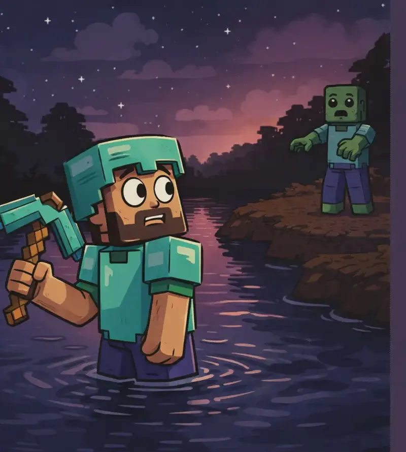 The illustrated scene occupies the left two-thirds of the image, while the entire right side is a large, flat, solid muted-purple panel with no artwork, left blank as empty space for text. In the scene, Steve, a blocky Minecraft-style figure with a square head, tan/light-brown skin, short dark-brown hair, a full dark-brown beard, and large round white eyes with black pupils, is wading through a dark river with water up to his waist, wearing cyan diamond armor with a matching helmet and chest plate over bare tan arms, his dark blue-purple leggings visible just beneath the waterline. He raises a cyan diamond pickaxe with a brown wooden handle in one hand and looks back over his shoulder at a three-quarter angle with a worried, open-mouthed expression. On the dirt riverbank behind Steve to the right, Zombie stands watching with hollow, dull eyes, an open mouth, and outstretched arms, its green-skinned blocky humanoid form stationary, wearing a cyan shirt and blue-purple pants. The scene is set outdoors at nighttime, with a starry sky, dark clouds, a pink-purple glow on the horizon, silhouetted trees, and dark, reflective rippling water filling the foreground around Steve.