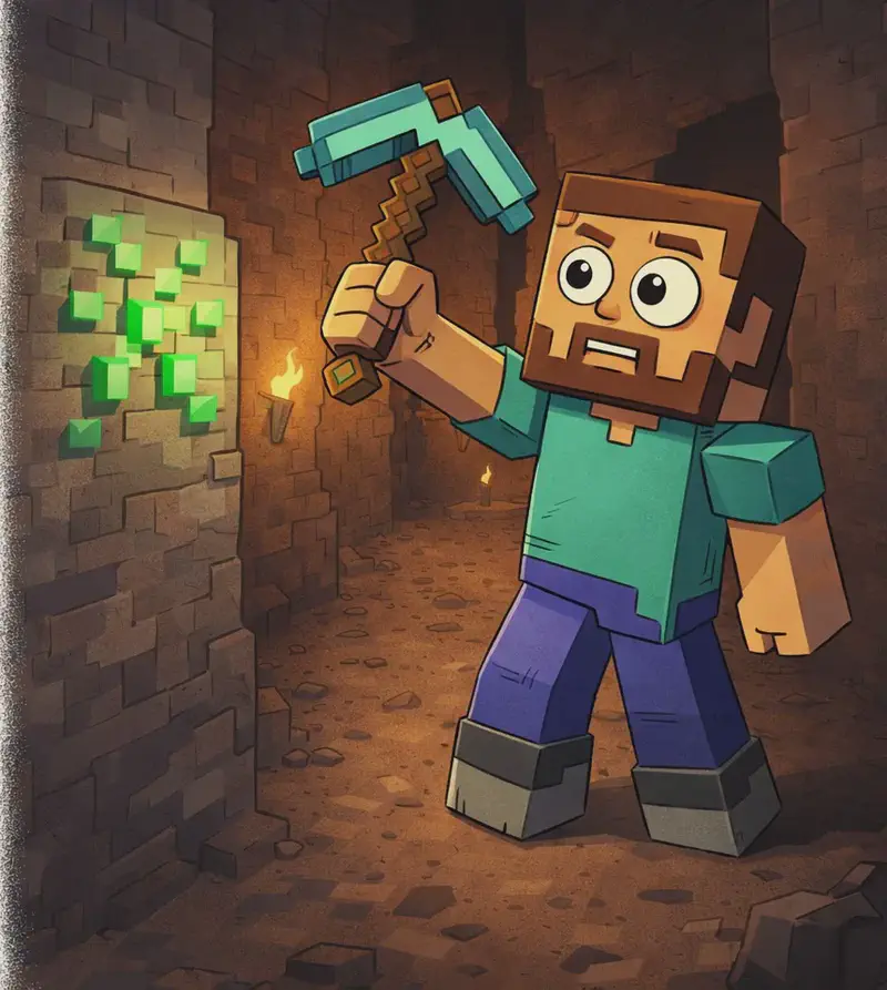 On the right side of the image, Steve, a blocky Minecraft-style figure with a square head, tan/light-brown skin, short dark-brown hair, a full dark-brown beard, and large round white eyes with black pupils, wearing a teal/cyan short-sleeved shirt, deep purple-blue pants, and dark gray boots with lighter gray tops, stands in a dark underground cave holding his cyan diamond pickaxe raised mid-swing in his right hand. He looks toward a bright green emerald ore block embedded in the cave wall to the left, his expression alert and surprised, having just noticed the green flash amid the dark rocky surroundings. The cave is dimly lit with warm torchlight glowing faintly in the background, and rough stone and dirt walls surround the narrow tunnel. Steve faces the viewer at a three-quarter angle.