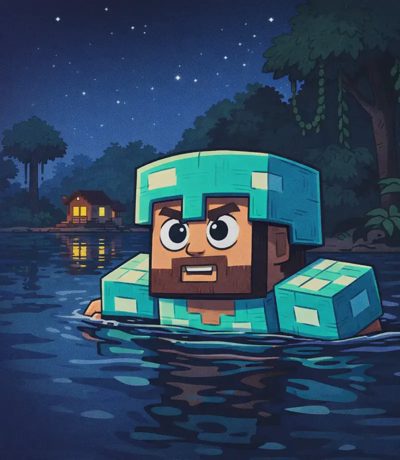 Steve, a blocky Minecraft-style figure with a square head, tan/light-brown skin, short dark-brown hair, a full dark-brown beard, and large round white eyes with black pupils, is swimming in a river at nighttime on the right side of the image, his head and upper body visible above the dark water, wearing cyan diamond armor with a matching helmet and chest plate visible above the waterline. He looks determined and focused, swimming toward the left and facing the viewer at a three-quarter angle. In the background on the left, a small wooden cabin sits near the riverbank among dense tall jungle trees with overhanging vines and thick ferns, its structure reflected in the still water like a painting. The sky is dark nighttime blue with stars overhead, casting a dim, moody light over the jungle-lined river scene.
