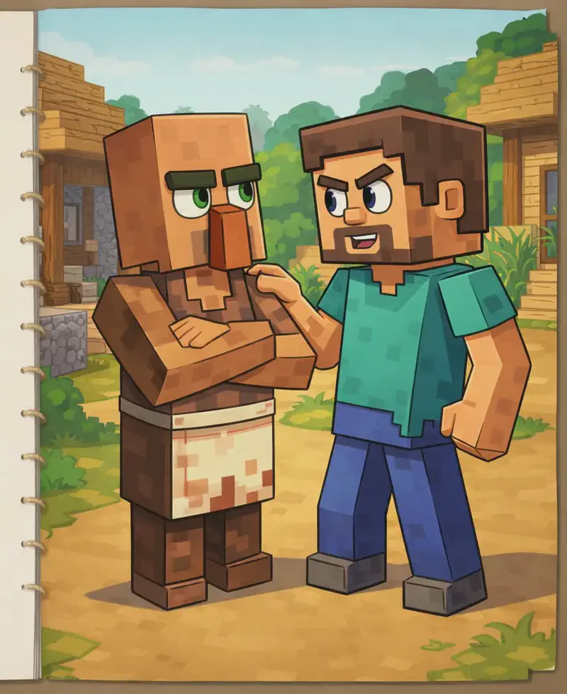 On the right side of the image, Steve stands close to Villager in an outdoor village setting with wooden buildings visible in the background. Steve is a blocky, Minecraft-style humanoid with a cube-shaped head, short brown hair, dark brown eyebrows, dark purple-blue eyes, a wide nose, and a short brown beard/goatee on light peach skin, wearing a teal/cyan short-sleeved t-shirt with slightly darker teal patches, blue-indigo pants, and dark gray shoes. Steve is reaching out and touching Villager's shoulder with one hand. Villager faces Steve with a neutral expression, large dark orange/terracotta nose bobbing slightly as if mid-greeting hum. Villager wears a sleeveless brown tunic/robe with a white belt/sash at the waist, a cream/beige apron with faint reddish-brown spots, and dark brown boots. The scene is set during daytime with warm lighting, and village structures and greenery frame the background. The left side of the image is plain parchment, left clear for text.