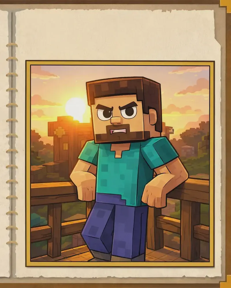 On the right side of the image, Steve stands facing the viewer with a serious, contemplative expression, positioned on a wooden deck or porch and leaning against a wooden fence. Steve is a blocky, Minecraft-style humanoid with a cube-shaped head, short brown hair, dark brown eyebrows, dark purple-blue eyes, a wide nose, and a short brown beard/goatee on light peach skin, wearing a teal/cyan short-sleeved t-shirt with slightly darker teal patches, blue-indigo pants, and dark gray shoes. The scene is set outdoors at sunset, with warm golden-orange light and sun flare streaming from behind, casting Steve partly in silhouette. The sky is painted in gold and orange tones. The overall layout resembles an open journal or storybook, with the illustration framed in a gold-bordered panel on the lower right, and the left side left as blank parchment for text.