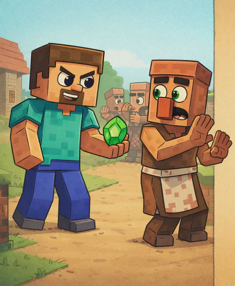 On the left side of the image, Steve stands facing Villager, holding out a glowing green emerald in one outstretched hand. Steve is a blocky, Minecraft-style humanoid with a cube-shaped head, short brown hair, dark brown eyebrows, dark purple-blue eyes, a wide nose, and a short brown beard/goatee on light peach skin, wearing a teal/cyan short-sleeved t-shirt with slightly darker teal patches, blue-indigo pants, and dark gray shoes. Villager leans back nervously, eyes wide with alarm, looking side to side as if seeking an escape. Villager has a blocky angular body, large square head, medium-brown skin, a prominent oversized dark orange/terracotta nose, thick dark eyebrows, green eyes, a flat-topped brown head piece, a sleeveless brown tunic/robe with a white belt/sash, a cream/beige apron with faint reddish-brown spots, and dark brown boots. Several other villagers cluster behind Villager in the background, shuffling restlessly with anxious expressions and raised hands. The scene is set outdoors in the village during daytime. The right ~40% of the image is left as plain parchment for text overlay.