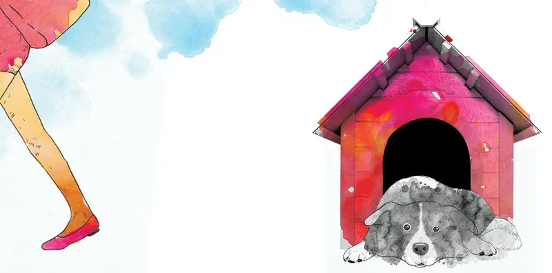 A gray and white dog lies sadly in front of a pink doghouse while a person's legs walk nearby under a blue sky.