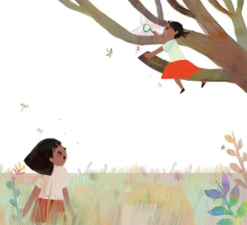 One girl climbs a tree to collect a spider web while another watches from below in a colorful grassy field.