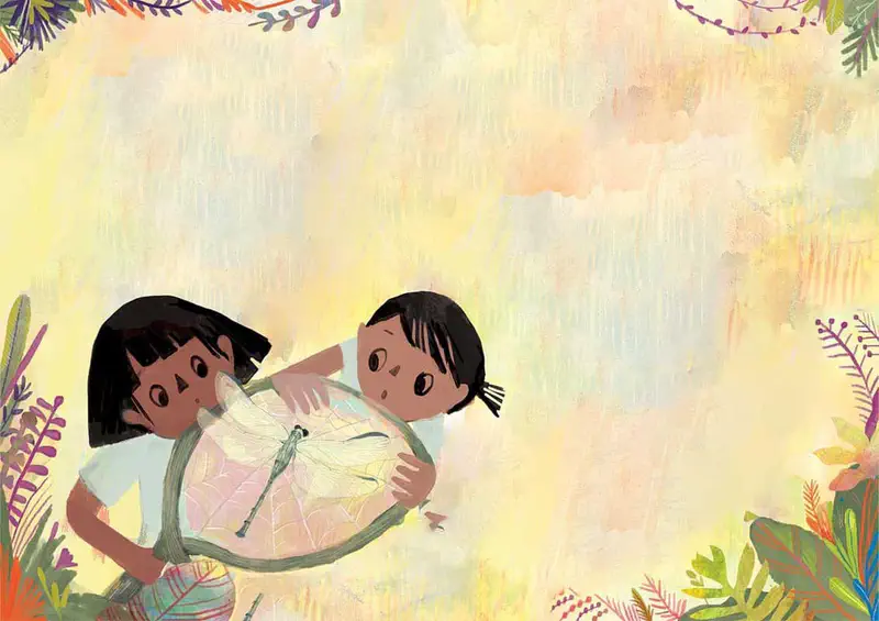 Two girls examine a dragonfly caught in their handmade net of leaves and spider web against a yellow background.