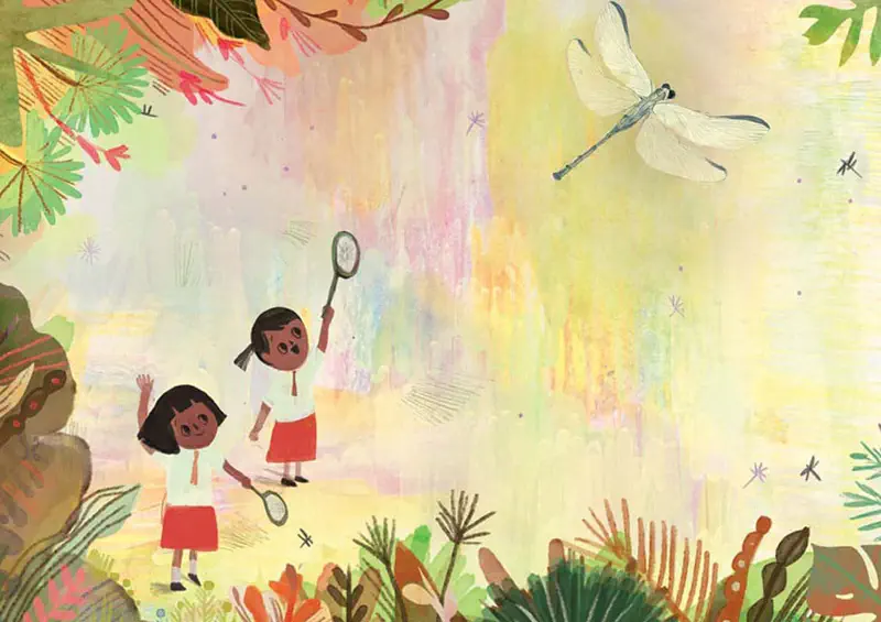 Two girls in school uniforms wave goodbye to a large dragonfly flying away among colorful tropical plants.