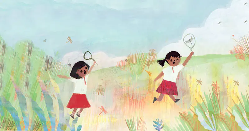 Two excited girls run through a meadow with homemade nets, one catching a dragonfly, with clouds in the blue sky.