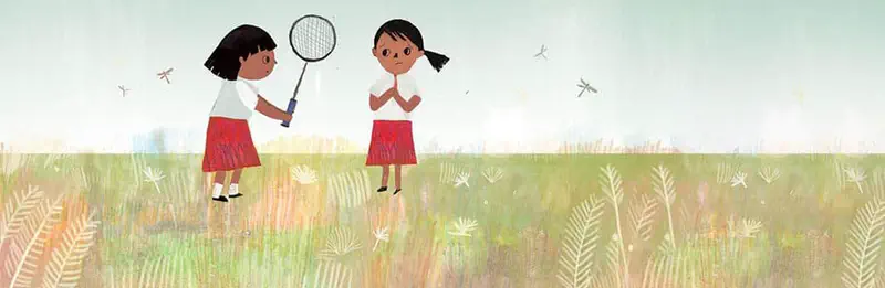 Two girls in school uniforms stand in a grassy field, one holding a badminton racket while the other looks worried with hands clasped.