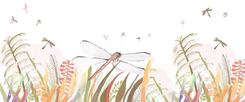 A dragonfly rests on colorful plants among tall grasses with several other dragonflies flying in the background.