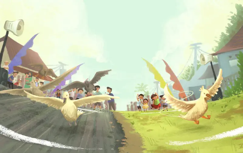 Ducks fly across a finish line with colorful flags as excited children and spectators cheer at the village duck race.