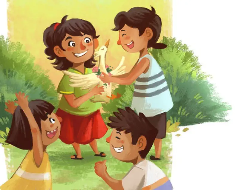 A proud girl holds her winning white duck while friends gather around smiling and congratulating her outdoors.