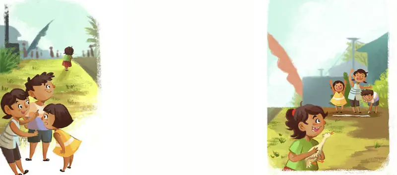 A girl walks toward a crowd on the left while on the right she proudly holds her white duck with friends cheering behind her.