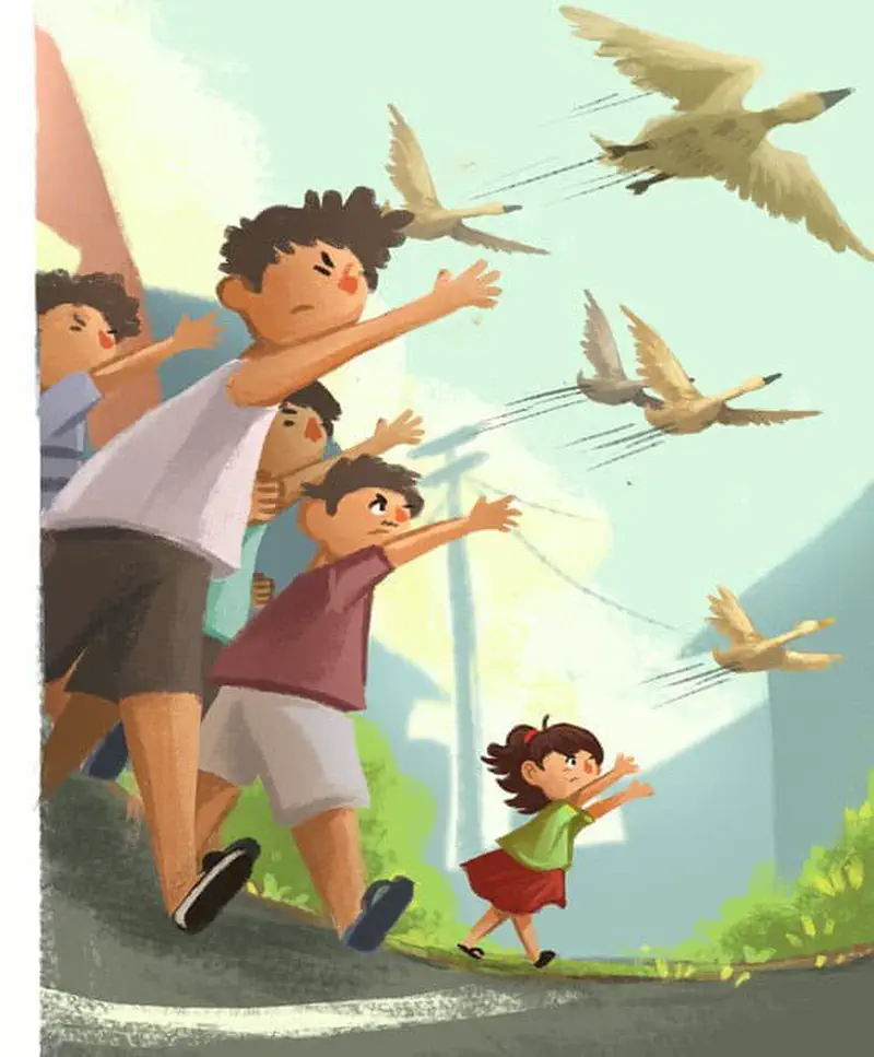 Children and adults release ducks into the air at a race starting line, with a small girl in the foreground arms outstretched.