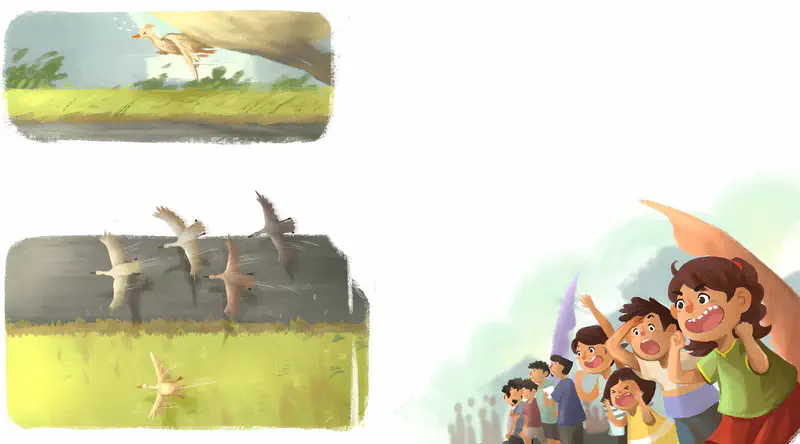 Two panels show ducks racing through the sky over grassy fields while excited children cheer and wave from the sidelines.