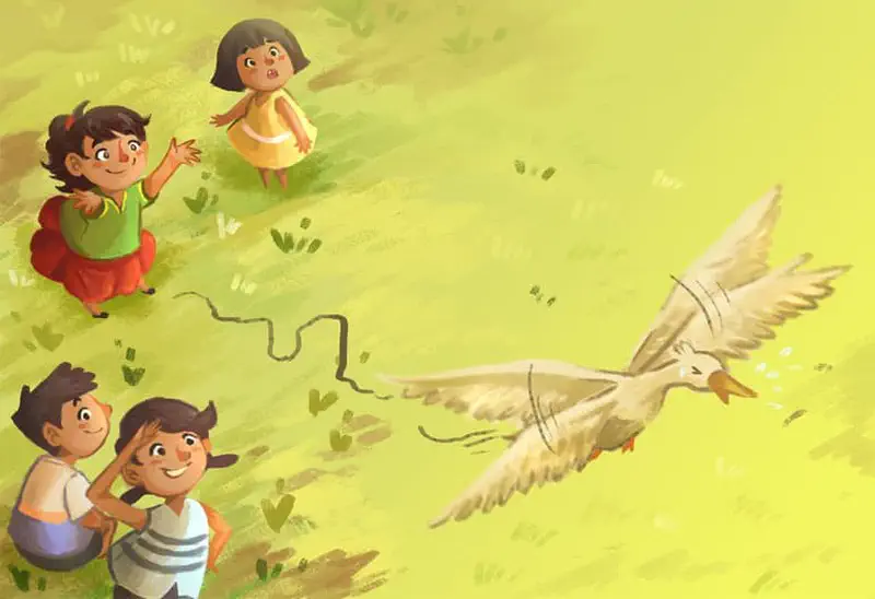 A girl in a red skirt trains her duck on a string while friends watch on a sunny green hillside, the duck flying with wings spread wide.