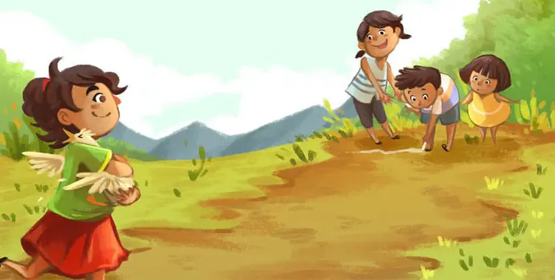 A girl in a green shirt and red skirt holds her duck lovingly while three friends watch from across a dirt path with mountains in the background.