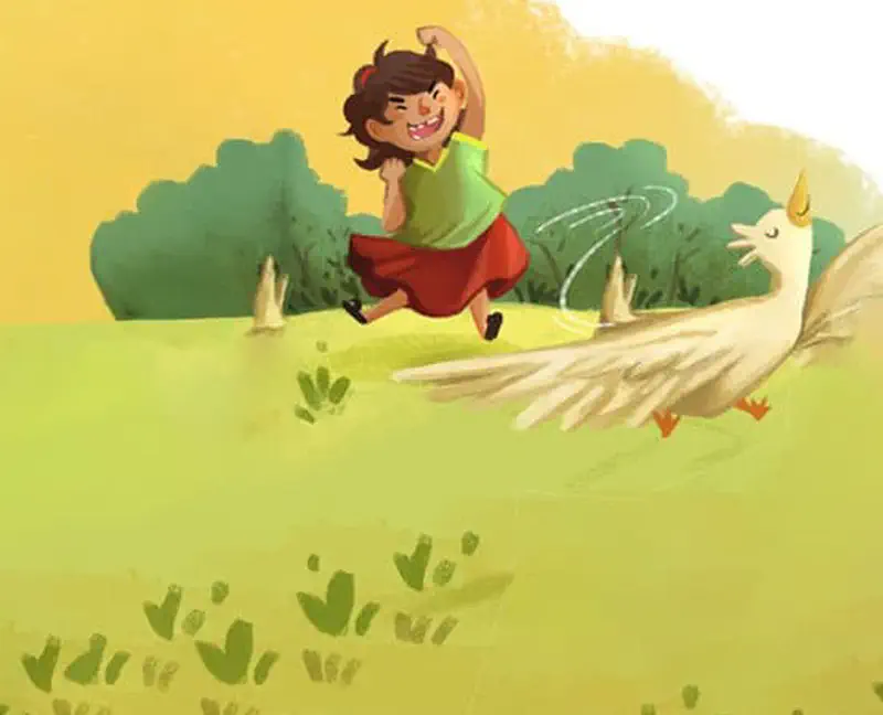 A happy girl in a green shirt and red skirt runs joyfully on a grassy hill while a white duck flies beside her.