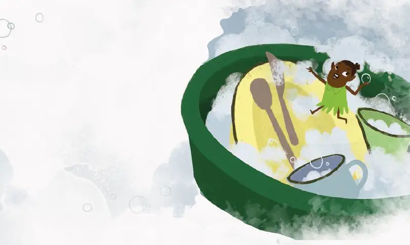 A tiny elf in green happily helps wash dishes in a large green tub surrounded by soap bubbles and floating utensils.