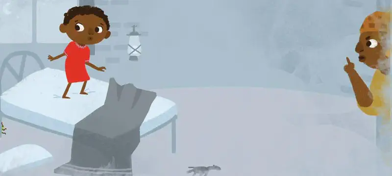 A worried girl in red stands on her bed while her mother speaks to her from across the room with a tiny elf escaping.