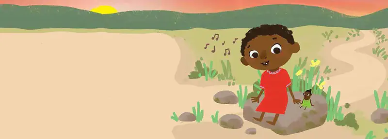 A girl in red sits on rocks at sunset holding hands with a tiny elf in a green dress, with music notes floating and green hills in the background.