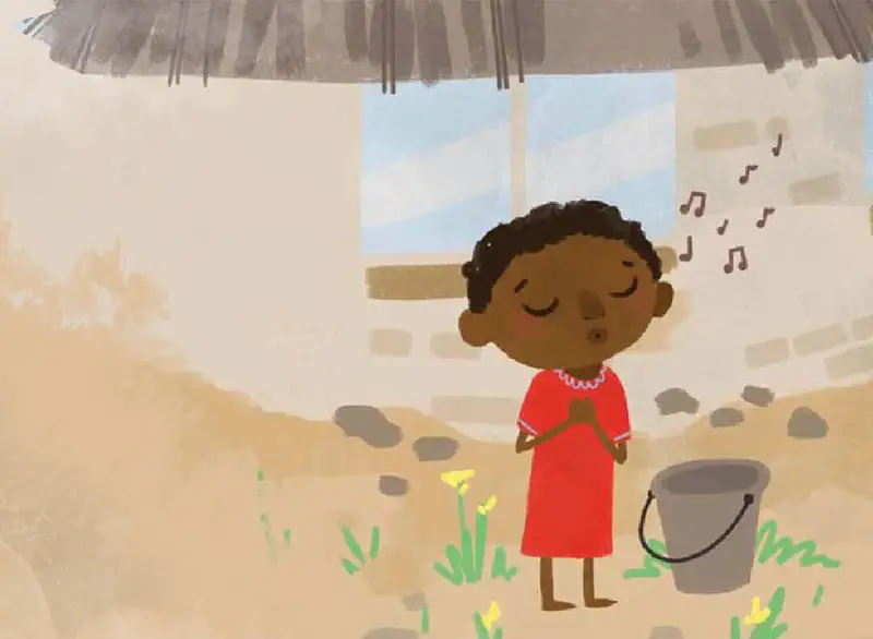 A girl in a red dress sings happily with eyes closed outside a thatched hut with a bucket beside her and music notes floating.