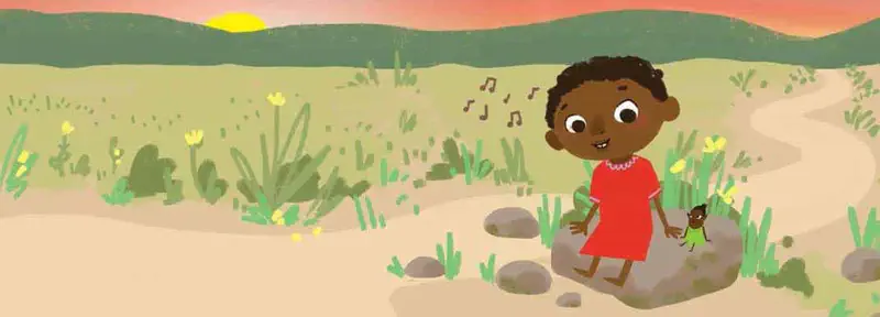 A girl in red stands on rocks at sunset holding hands with a tiny elf, singing together with music notes floating above and yellow flowers around.
