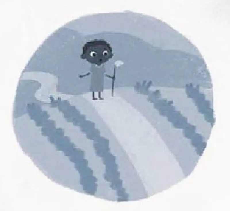 A circular vignette shows a small figure walking alone through misty blue-gray rolling hills of a cornfield.