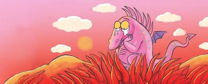 A sad pink dragon sits alone crying on a hilltop at sunset surrounded by red plant fronds under a pink sky.