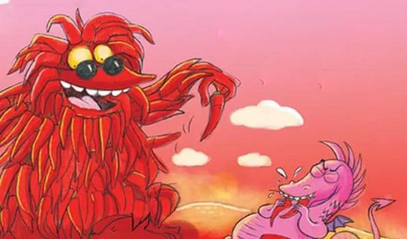 A large friendly red chilli plant creature with spiky leaves greets a small surprised pink dragon against a sunset sky.