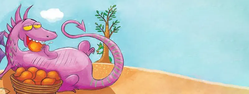 A purple dragon lounges lazily eating oranges from a basket on a sandy beach with a small tree in the background.