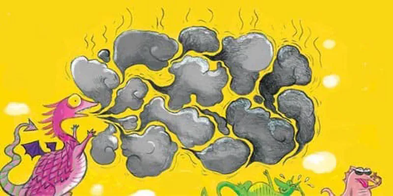 A pink dragon can only produce puffs of gray smoke while another dragon breathes fire successfully in the background.