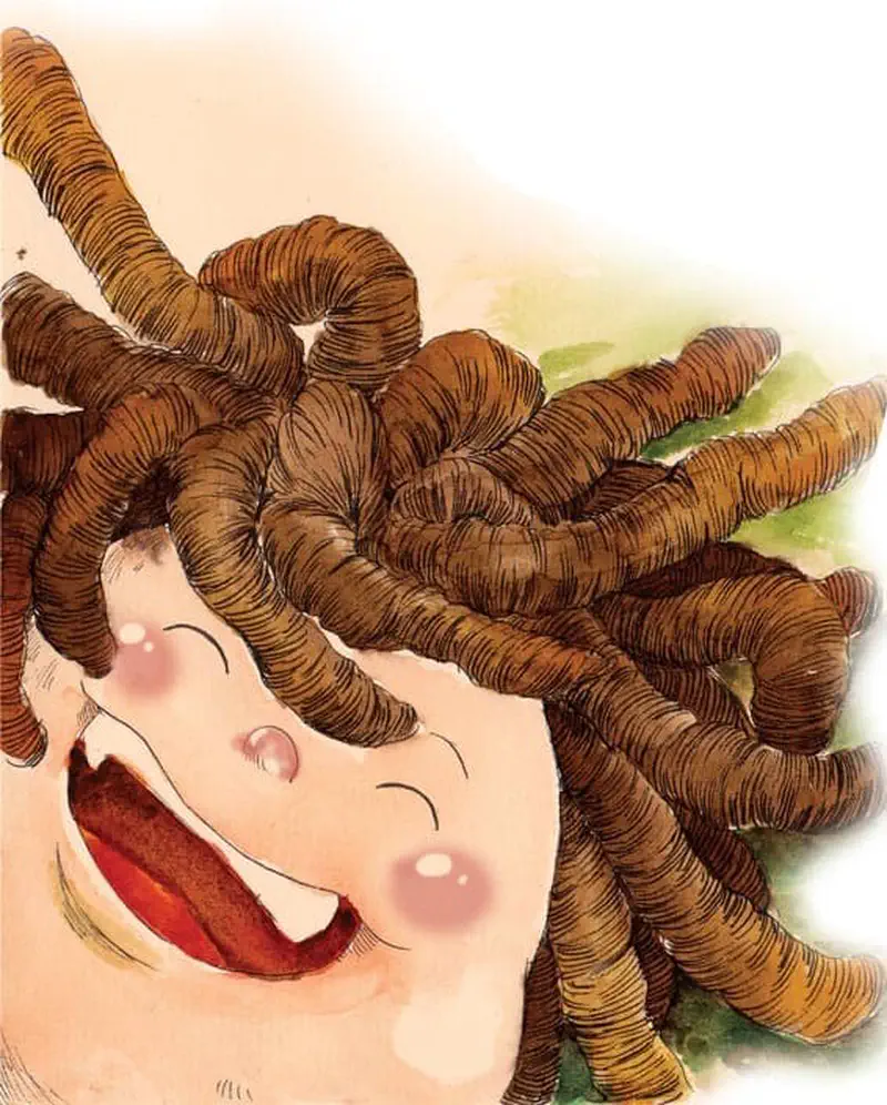 Close-up of a happy giant's face with wild curly brown hair spread out, laughing joyfully with rosy cheeks.