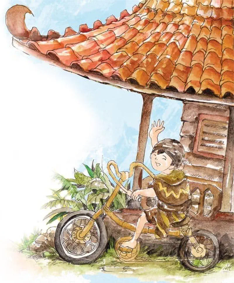 A boy in brown clothes waves happily while sitting on a wooden tricycle near a traditional house with tiled roof.